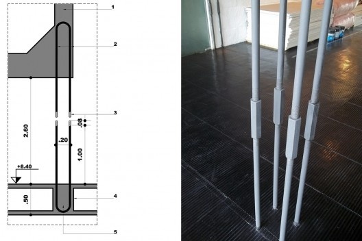 À esquerda, detalhe: 1. viga intermediária; 2. barras de aço 1\" 1/4\"; 3. ponta em rosca 8cm; 4. nervura da laje de concreto; 5. laço raio 100mm; à direita, foto dos tirantes