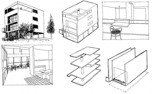 G. H. Baker, alguns dos desenhos de análise da Casa Citohan Mark II, de Le Corbusier (1927)