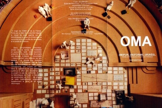 Cartaz da exposição “(IM)pur, (IN)forme, (IR)réel: 3 bibliothèques pour la France, OMA”, Edifício Lenoir, Escola de Belas Artes, Paris