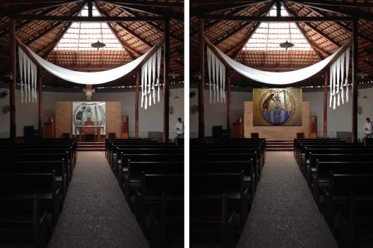 Igreja Espírito Santo do Pinhal, simulação do altar com projeto artístico do artista Edmar de Almeida, Uberlândia, 2019