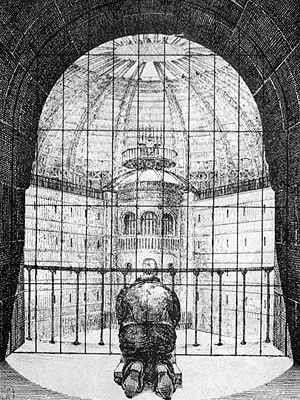 Projeto de Penitenciária de N. Harou-Romain, 1840. Sistema panóptico: detento reza em sua cela, diante da torre de vigilância central