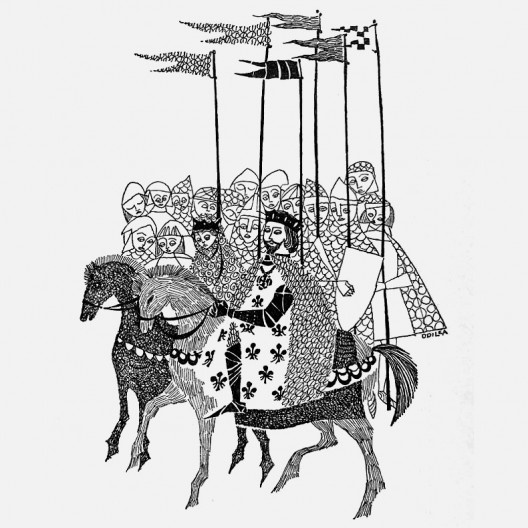 Rei Henrique e Rainha Eleanor, o séquito e os porta-estandartes, desenho do livro Robin Hood, de Monteiro Lobato