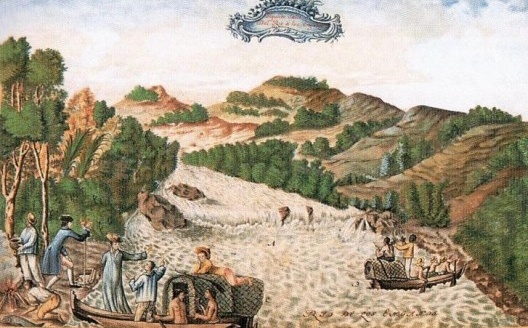 Segundo Salto del Rio de los Enganos. Legenda: A. Salto invadeable para canoas. B. Garita com el dibujante español. C. Otro con ingeniero y astrónomo portugueses, quienes encontraron una canoíta con gente del pueblo de Sta. Maria