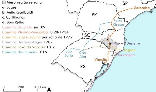 Mapa dos principais caminhos de tropas. Adaptado pelas autoras a partir de A casa do Planalto Catarinense: arquitetura rural e urbana nos campos de Lages, séculos 18 e 19, p. 63