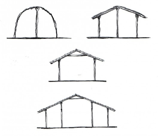 Esquemas estruturas missioneiras: parede-cobertura; telhado armado com esteios; caibro armado (casa); caibro armado (igreja)