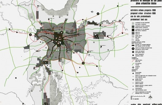Estrutura urbana proposta pelo PUB, destacadas em vermelho as linhas de metrô conectando os centros sub-regionais e os secundários