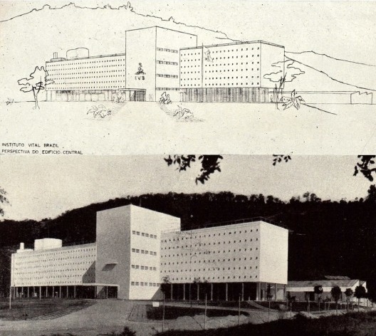 Instituto Vital Brazil, perspectiva e fotografia do edifício central, Niterói RJ, 1943. Engenheiro-arquiteto Álvaro Vital Brazil