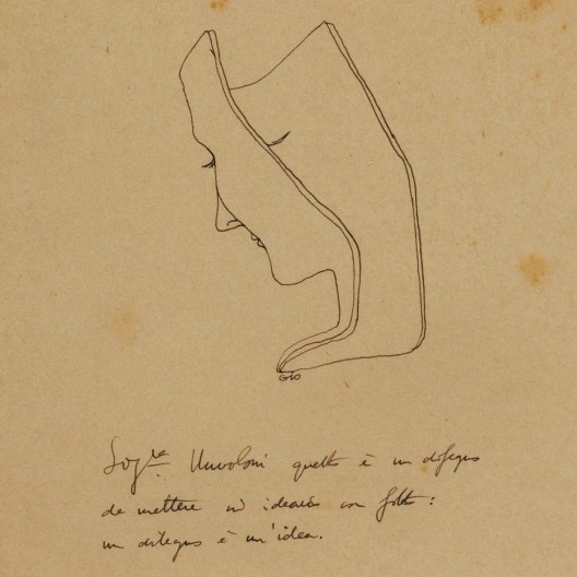 Gió Ponti (1891–1979), desenho da Senhora Unvoloni, c.1935. Pen and ink on thin laid paper, 278 × 217 mm. O texto diz: “Questo è un disegno de mettere un ideario in fatto: un disegno è un idea”