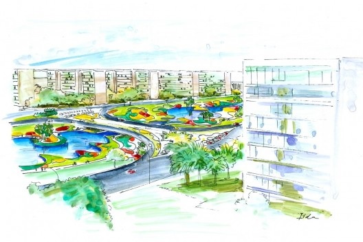 Simulação de jardins de Burle Marx para o eixo monumental de Brasília. Aquarela de Ilda Fuchshuber