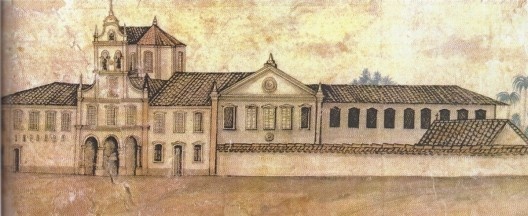 Mosteiro da Luz com os dois alçados voltados ao observador. Aquarela de Miguelzinho (Miguel Arcanjo Benício da Anunciação Dutra), 1847