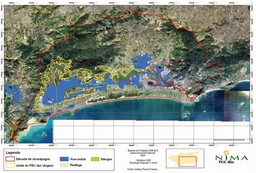 Figura 1. Principais ecossistemas remanescentes na Baixada de Jacarepaguá em 1999: áreas úmidas (brejos e matas riparianas), manguezais e restingas