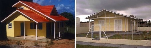 À esquerda, tipologia de casas pequena pré-fabricadas de madeira, com tábuas horizontais, encaixe macho-fêmea. à direita, tipologia de casa (médio porte) pré-fabricada de madeira, com tábuas horizontais, encaixe macho-fêmea Florianópolis SC