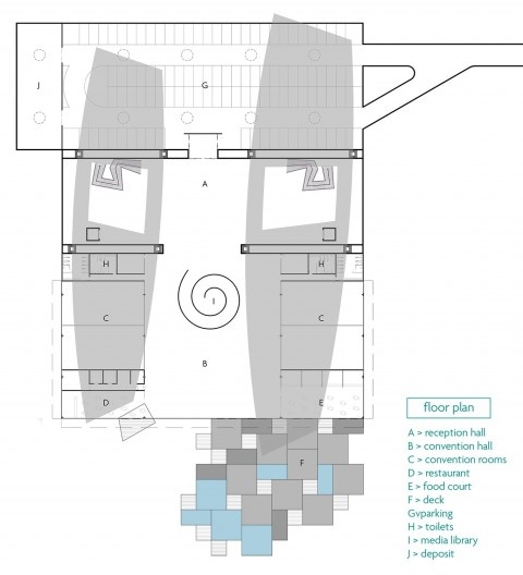 Oslo Museum of Design, planta térreo, Oslo, Noruega, 2000. Arquitetos Anne Vital Brustolin, Lorena Petrovich Pereira de Carvalho, Márcio Moraes Valença, Nilberto Gomes de Souza e Yuri de Souza Duarte