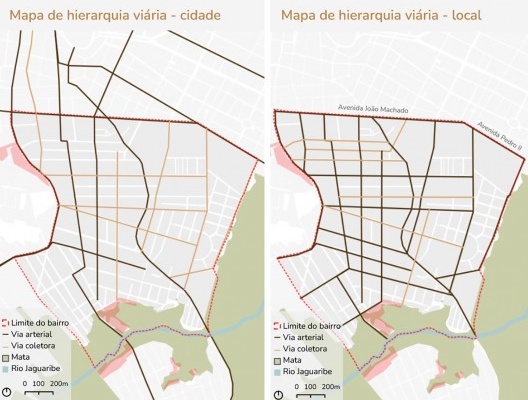 Mapas de uso e ocupação local e de hierarquia viária da cidade e local, respectivamente