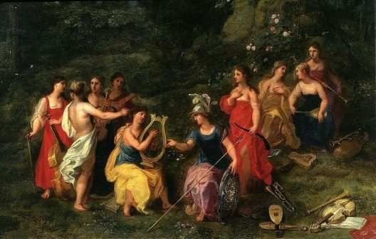 Palas Atenas, ou Minerva, com as musas (detalhe), pintura de Hendrick van Balen the Elder, c.1620