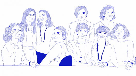 Da direita para a esquerda, Liza Stacishin, Vera Pires, Carmen Mayrinck, Clara Calábria, Norma Lacerda, Kátia Costa, Ana Lúcia, Amélia Reynaldo e Suely Maciel, em ilustração digital