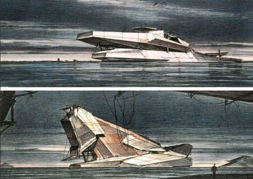 Icebergs, free-floating structures, 1991. Ocean shore and city of Long Beach, CA