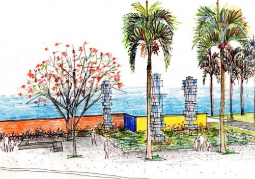 03. Praça de Bagatelle, Belo Horizonte, projeto de Burle Marx. Painel e bancos em ziguezague, totens em granito, distribuição compassada da arborização