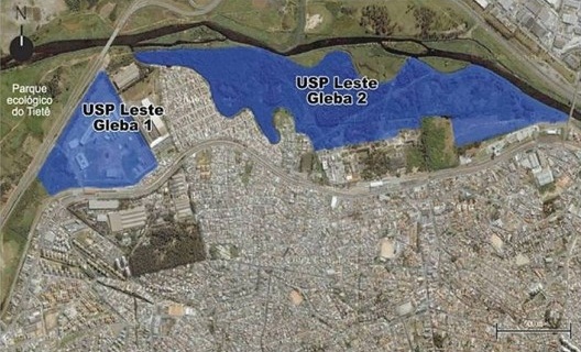 Universidade de São Paulo, USP Campus Leste, Escola de Artes, Ciências e Humanidades, imagem de satélite indicando ambas as glebas, arquiteto Sylvio Barros Sawaya e equipe
