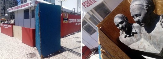 A vista externa e interna da caixa de tapume cercando o monumento a Dodô e Osmar, inventores do trio elétrico, na frente do cinema Itaú, no centro de Salvador, no limite do circuito Osmar