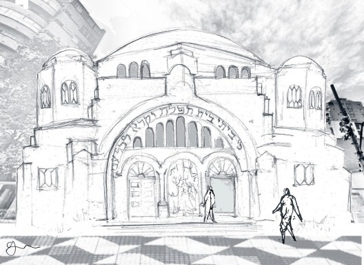 Desenho e colagem digital da fachada do Templo Beth El