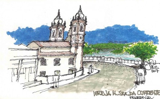 Lateral da Igreja de N. Sra. da Corrente e o Velho Chico ao fundo, Penedo/AL