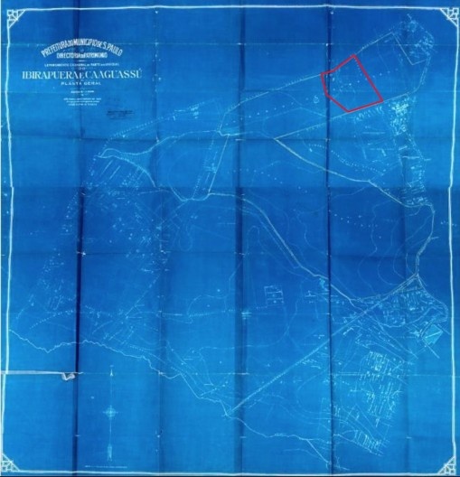 Anotação em vermelho realizada pela UPPH aponta a localização da área ocupada hoje pelo conjunto Esportivo. “Levantamento cadastral de parte das várzeas do Ibirapuera e Caguassú”, de dezembro de 1926