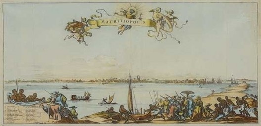 Frans Post (1612-1680), Mauritiopolis, gravura holandesa sobre papel com cores aquareladas, meados do século 17 Wikimedia Commons