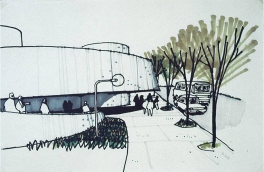 Teatro Municipal de Piracicaba. Perspectiva artística do encontro do edifício com a calçada