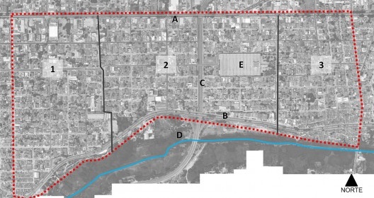 Recorte territorial da área estudada. A: Avenida Epiácio Pessoa; B: Avenida Beira Rio; C: BR-230; D: Rio Jaguaribe; E: Espaço Cultural José Lins do Rego; 01: Expedicionários; 02: Tambauzinho; 03: Miramar