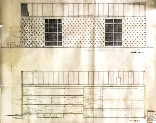 Edifício-garagem, elevação e seção longitudinal