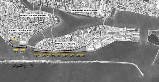 Delimitação de poligonal da área do Projeto Porto Novo Recife e indicação dos edifícios revitalizados