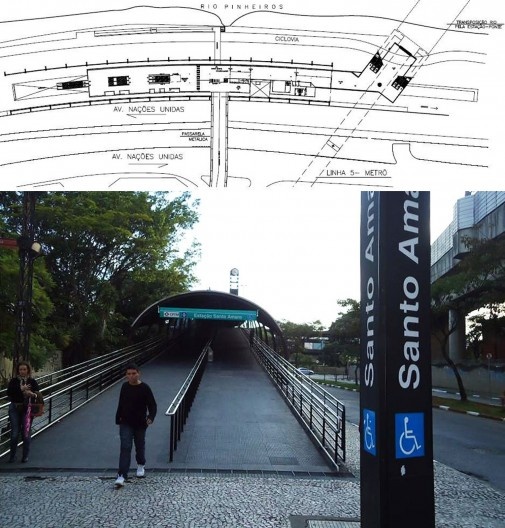 Entrada única à estação de trem que ocorre por uma rampa situada na Av. Padre José Maria na margem Leste. Observa-se também a implantação da estação, a rampa sobre a via expressa e mezanino ao longo do rio Pinheiros