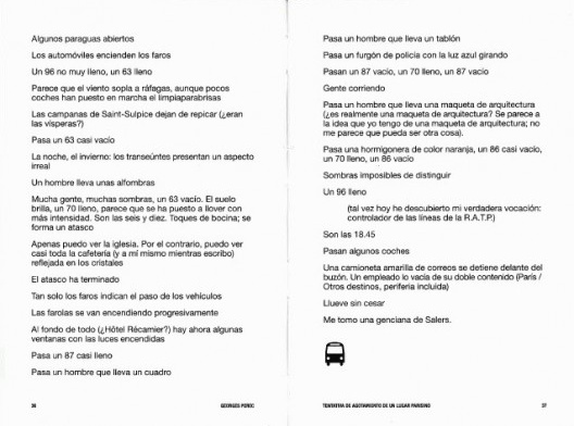 Páginas do livro Tentativa de agotamiento de un lugar parisino, de Georges Perec