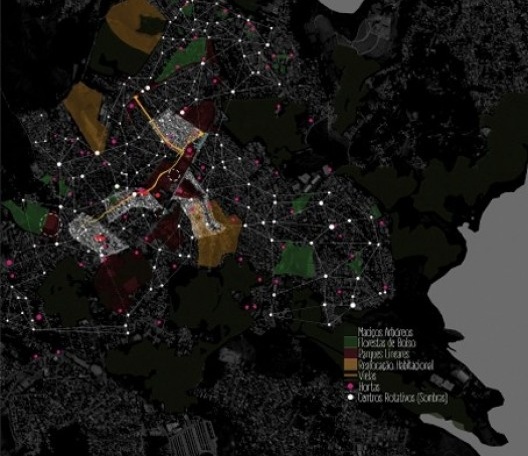 Projeto urbano, malha de Centros Rotativos, áreas de remanejamento habitacional e sistemas de espaços livres verdes: maciços arbóreos, parques lineares, florestas de bolso, hortas