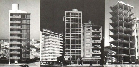 Luis García Pardo e Adolfo Sommer Smith, Edifício El Pilar, Montevidéu,1957. Da esquerda para a direita: Maquete do projeto, 1955; Fachada recém construída; 1957; Estrutura em construção, 1957