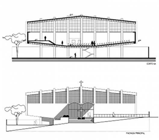 Igreja da Vila Madalena, corte e elevação da atual configuração da nave: altar à direita e salas de apoio à esquerda, São Paulo SP, 1957. Arquiteto Joaquim Guedes