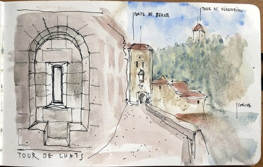 Detalhe de seteira na Tour de Chats e vista da Tour Port de Berne. Lápis e aquarela sobre papel 200g/m2