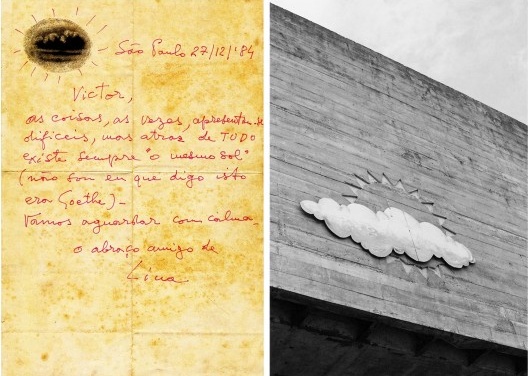 Misteriosa e antiga nuvem no cabeçalho do papel de bilhete pessoal de Lina; nuvem no sol de Artigas, FAU USP, 1975