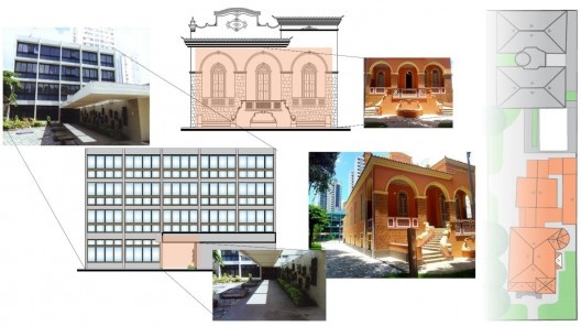 Conjunto arquitetônico da atual sede da Casa da ONU no Pará, e da EGPA, sendo: a. sede da EGPA; b. seda da Casa da ONU; c. esquema de implantação; d. vista de parte do edifício neocolonial, aos fundos, o edifício projetado por Derenji