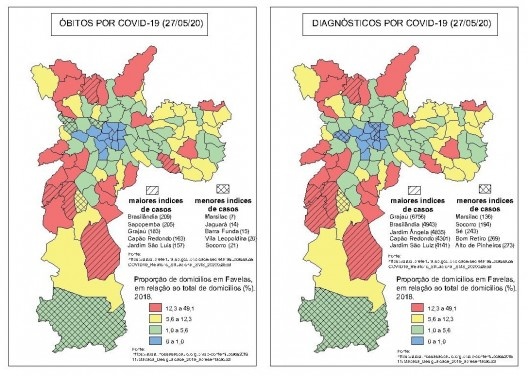 Mapa comparativo casos de Covid-19 e áreas de domicílios em favelas