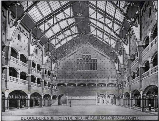 Perspectiva interna da Bolsa de Amsterdam, arquiteto Hendrik Petrus Berlage, 1898-1903. Desenho publicado em “De Architect” em 1901.