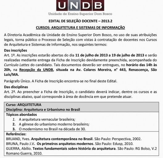 Edital de seleção de professores para o curso de arquitetura da Unidade de Ensino Superior Dom Bosco