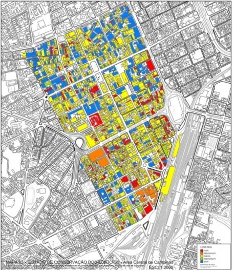 Mapa do Estado e Conservação, zonas do entorno do Viaduto Cury e da Estação da Fepasa onde a conservação dos edifícios é de pior qualidade, Campinas, 2005