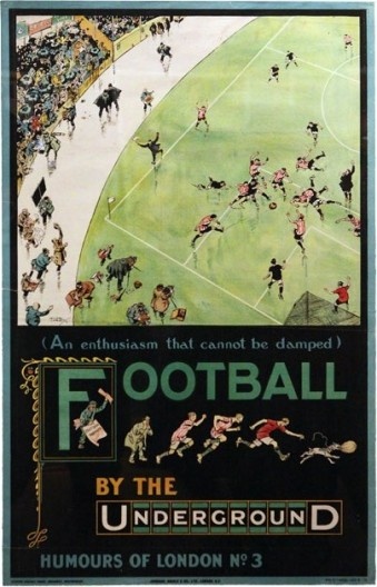 Cartazes elaborados na década de 1920 estimulam as compras de inverno e a ida aos jogos de futebol utilizando o metrô