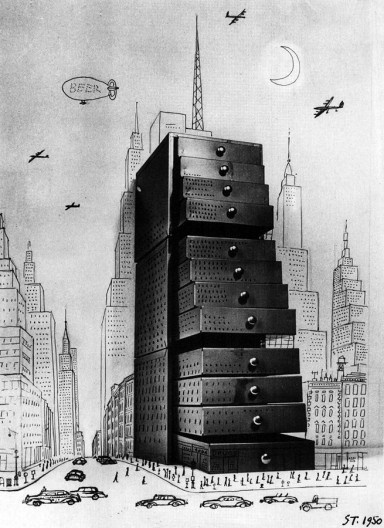 Saul Steinberg (1914-1999), Chest of Drawers Cityscape, 1950, tinta sobre fotografia 22,2X17,5cm