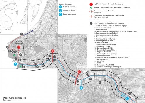 Av. Ipiranga e Arroio Dilúvio – Via Universitária, Mapa geral da Proposta, Moacyr Moojen Marques e Sergio Moacir Marques.