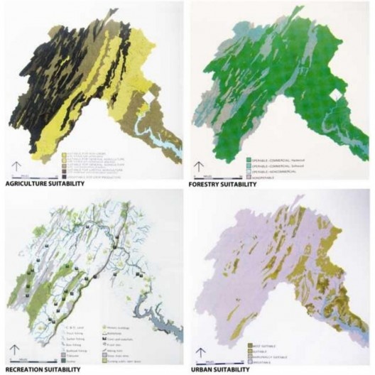 Estudos para a Bacia do Rio Potomac, com cartografias de sobreposição dos levantamentos expressos na imagem anterior, indicando as aptidões do território para agricultura, floresta, recreação e uso urbano