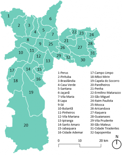 Mapa com a indicação e localização das atuais subprefeituras do município de São Paulo