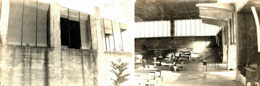 Igreja da Vila Madalena, fechamento original em vidros até a laje e início do comprometimento, São Paulo SP, 1957. Arquiteto Joaquim Guedes